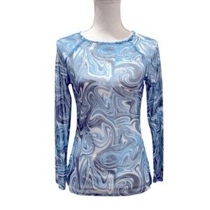 Kate Kasin long sleeve sexy sheer blouse in a blue marble print. Medium